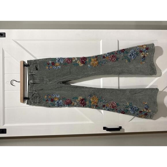 Free People x Driftwood Farrah Embroidered Flare Corduroy Green Rose Pants